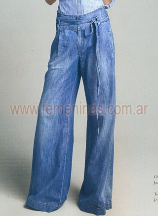 Pantalon jean gastado ancho oxford cintura alta con lazo MANGO